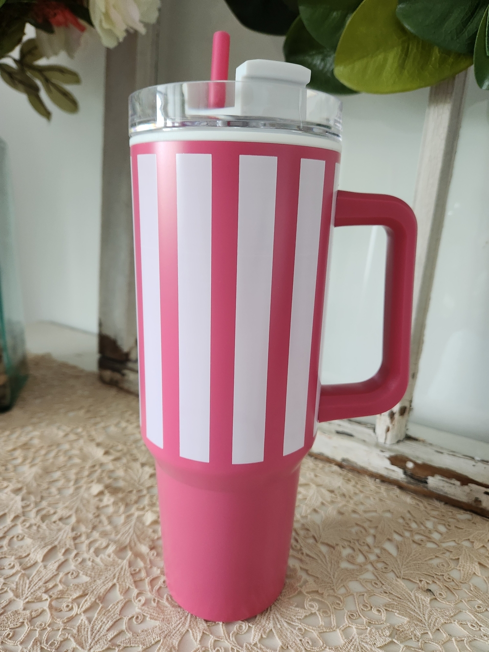 NEW. 40 Oz  Cold * Hot....Pink & White Striped Travel Tumbler with Handle